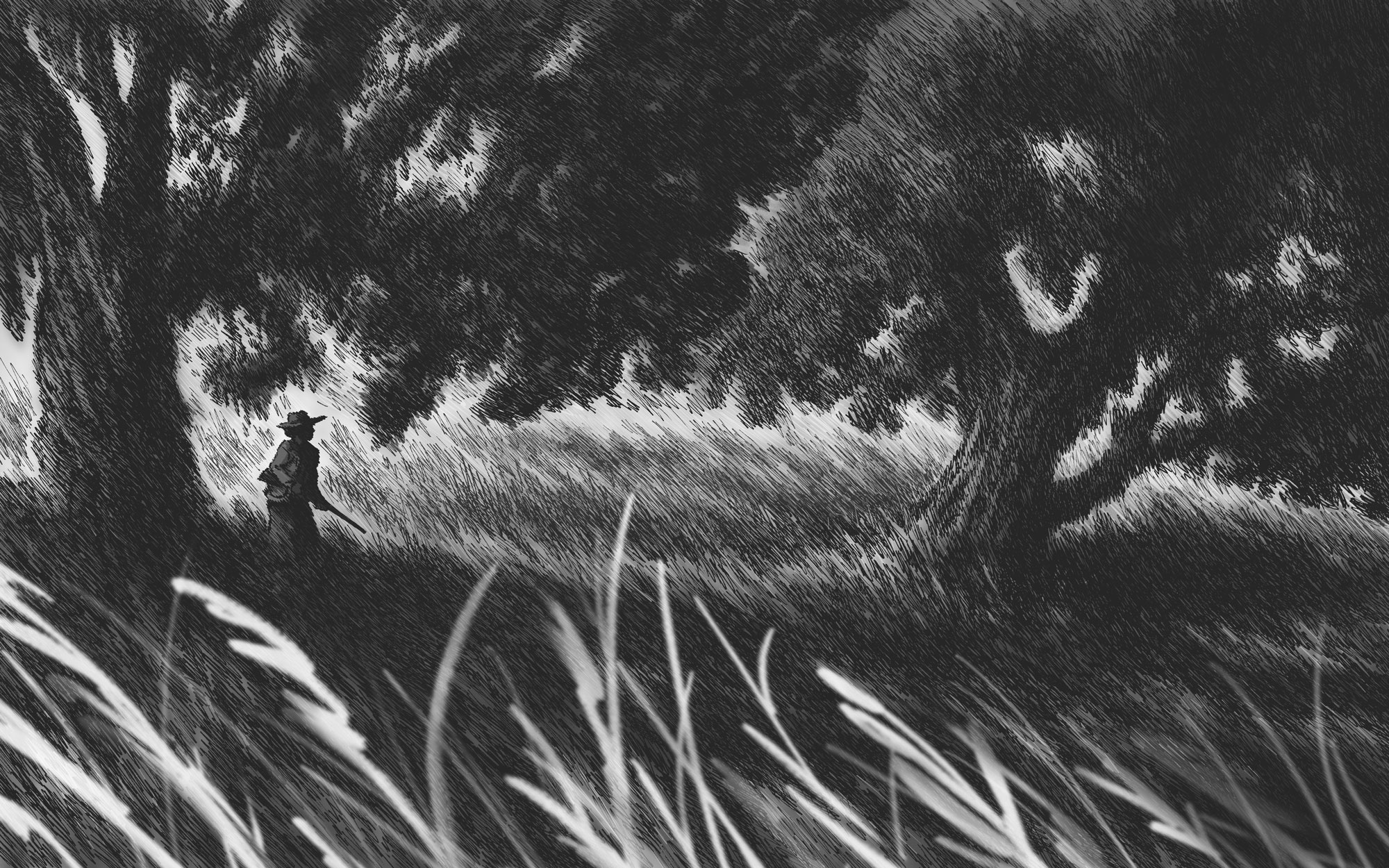 A greyscale illustration depicting a figure holding a rifle while walking under large cottonwood trees.